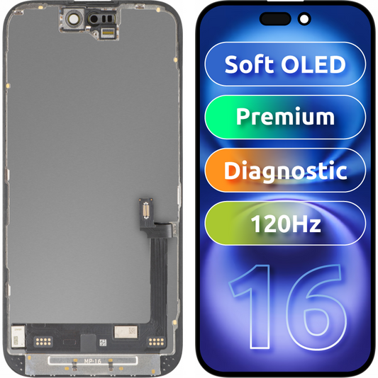 MP-kosketusnäyttö, yhteensopiva Apple iPhone 16:n kanssa, kehyksellä, Premium-versio, pehmeä OLED FHD 120Hz, diagnostiikka, musta