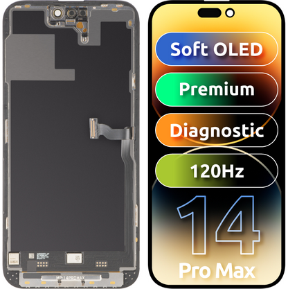 MP Touchscreen Display compatible with Apple iPhone 14 Pro Max, with Frame, Premium Soft OLED FHD 120Hz Diagnostic Version, Black