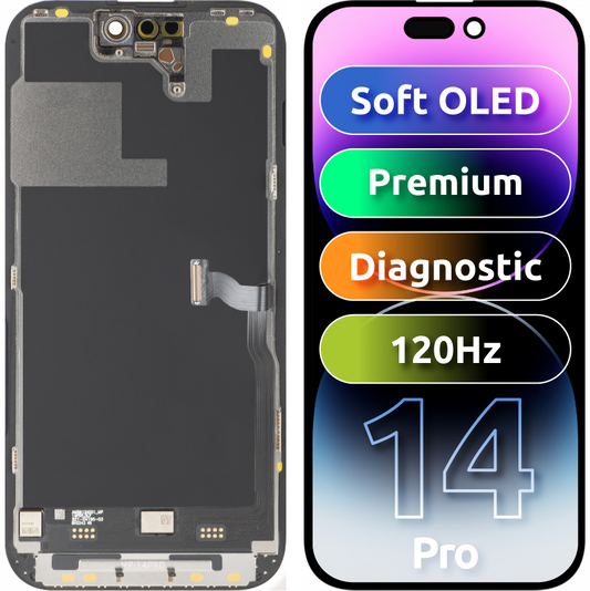 MP-kosketusnäyttö, yhteensopiva Apple iPhone 14 Pron kanssa, kehyksellä, Premium Soft OLED FHD 120Hz Diagnostiikkaversio, musta