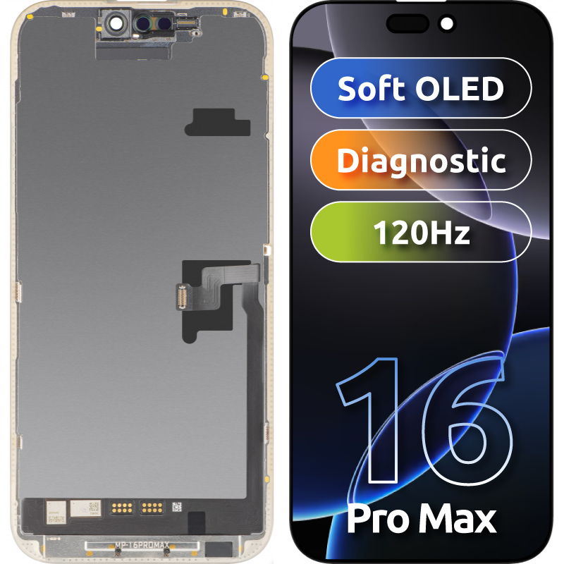MP-kosketusnäyttö, yhteensopiva Apple iPhone 16 Pro Maxin kanssa, kehyksellä, OLED FHD -diagnostiikkaversio, musta