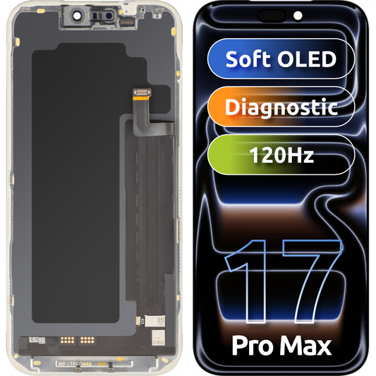 MP-kosketusnäyttö, yhteensopiva Apple iPhone 17 Pro Maxin kanssa, kehyksellä, OLED FHD -diagnostiikkaversio, musta