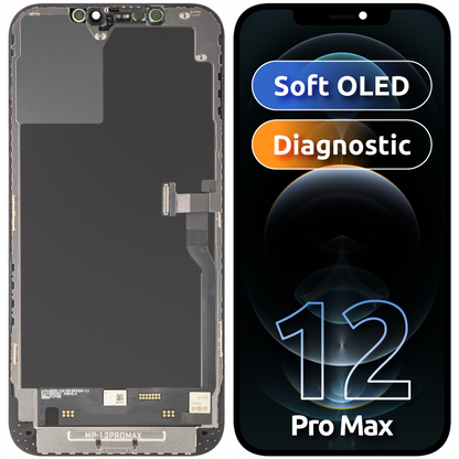 MP-kosketusnäyttö Apple iPhone 12 Pro Maxille yhteensopiva, kehyksellä, OLED FHD -diagnostiikkaversio, musta