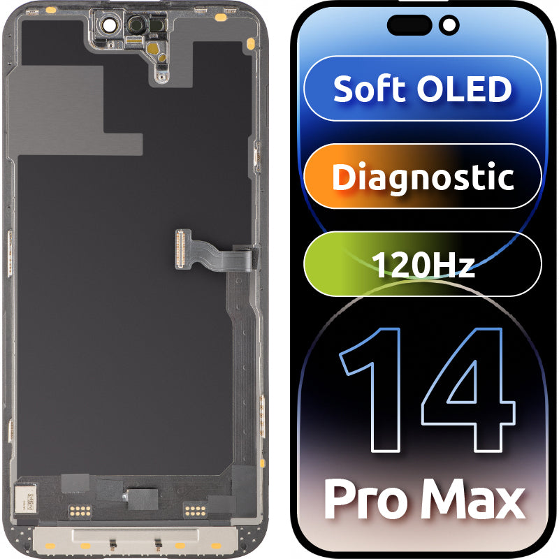 Näyttö MP-kosketusnäytöllä yhteensopiva Apple iPhone 14 Pro Max -laitteen kanssa, kehyksellä, Soft OLED 120Hz FHD Diagnostic -versio, Musta