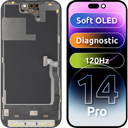 Näyttö MP-kosketusnäytöllä yhteensopiva Apple iPhone 14 Pro:n kanssa, kehyksellä, Soft OLED 120Hz FHD Diagnostic -versio, Musta