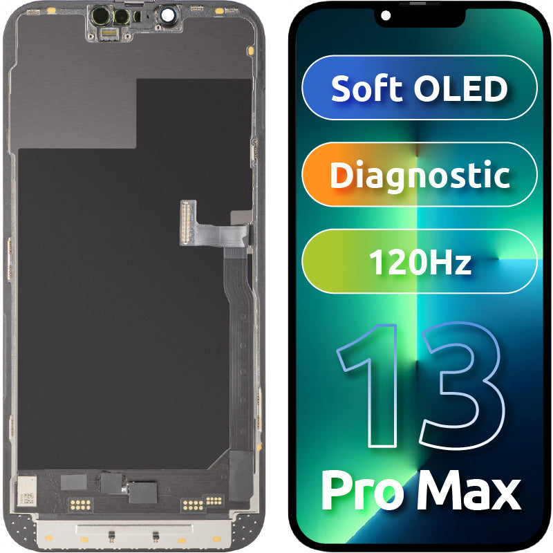 Näyttö MP-kosketusnäytöllä yhteensopiva Apple iPhone 13 Pro Max -laitteelle, kehyksellä, Soft OLED 120Hz FHD Diagnostic -versio, Musta