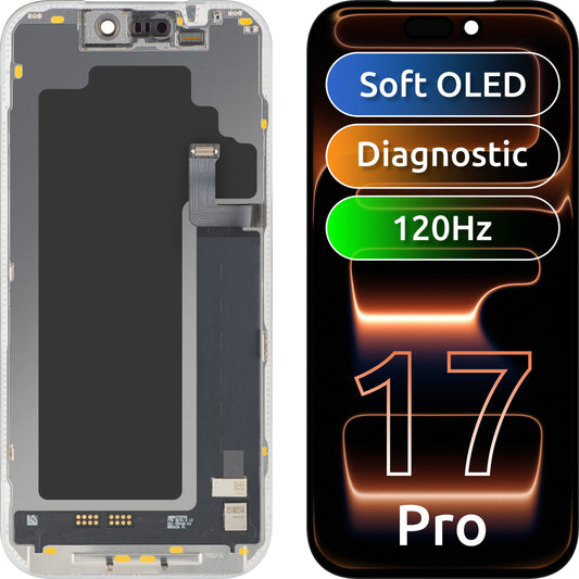 MP-kosketusnäyttö, yhteensopiva Apple iPhone 17 Pron kanssa, kehyksellä, OLED FHD 120Hz Diagnostiikkaversio, musta