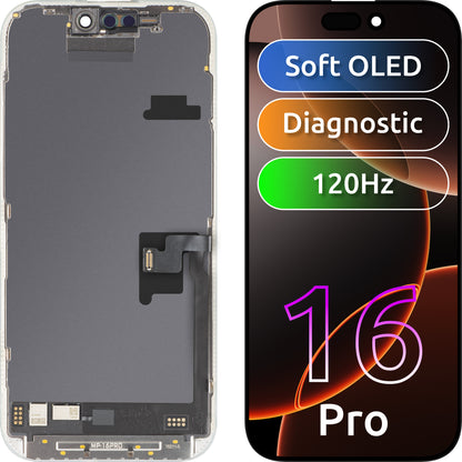 MP-kosketusnäyttö Apple iPhone 16 Pro -yhteensopiva, kehyksellä, OLED FHD 120Hz Diagnostiikkaohjelmistoversio, musta