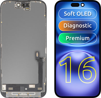 MP-kosketusnäyttö, yhteensopiva Apple iPhone 16:n kanssa, kehyksellä, Premium Soft OLED FHD Diagnostic -versio, musta