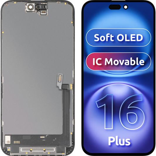 Näyttö MP Touchscreen, yhteensopiva Apple iPhone 16 Plus -mallin kanssa, kehys, Soft OLED IC Movable FHD -versio, musta