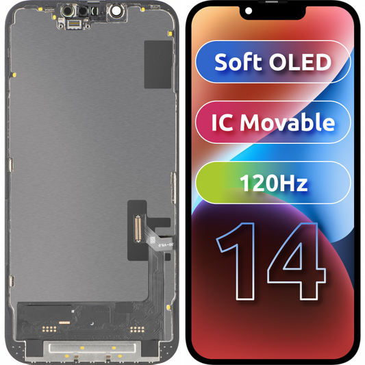 Näyttö MP Touchscreenillä yhteensopiva Apple iPhone 14:n kanssa, kehyksellä, Soft OLED FHD 120Hz IC Movable -versio, Musta