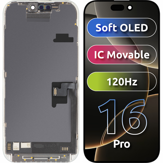 Näyttö MP-kosketusnäytöllä yhteensopiva Apple iPhone 16 Pro:n kanssa, kehyksellä, Soft OLED FHD 120Hz IC Movable, Musta