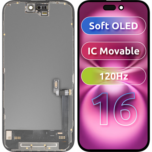 Näyttö MP Touchscreen, yhteensopiva Apple iPhone 16 kanssa, kehys, Soft OLED FHD 120Hz IC Movable, Musta