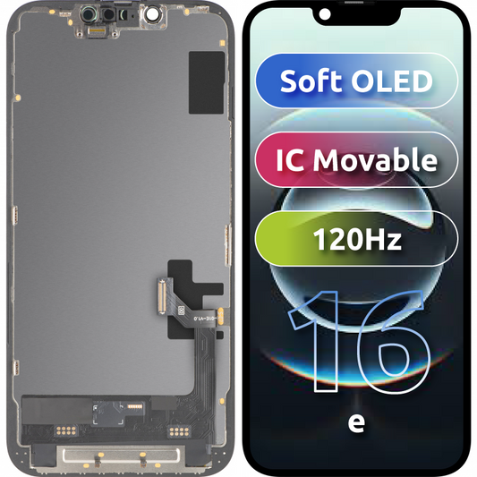 MP-kosketusnäyttö, yhteensopiva Apple iPhone 17e / 16e kanssa, kehyksellä, pehmeä OLED FHD 120Hz IC siirrettävä versio, musta