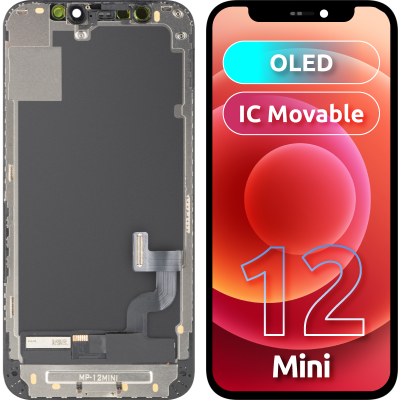 MP-kosketusnäyttö, yhteensopiva Apple iPhone 12 minin kanssa, kehyksellä, OLED FHD IC Movable -versio, musta