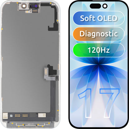 MP-kosketusnäyttö, yhteensopiva Apple iPhone 17:n kanssa, kehyksellä, OLED FHD 120Hz Diagnostiikkaversio, musta