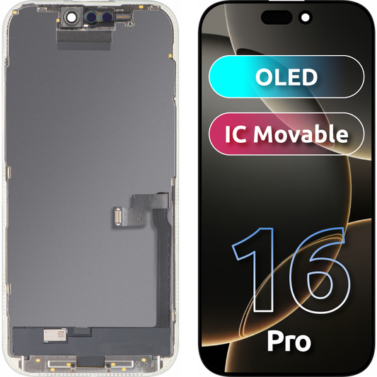 MP-kosketusnäyttö yhteensopiva Apple iPhone 16 Pro:n kanssa, kehyksellä, OLED FHD IC Movable -versio, Musta