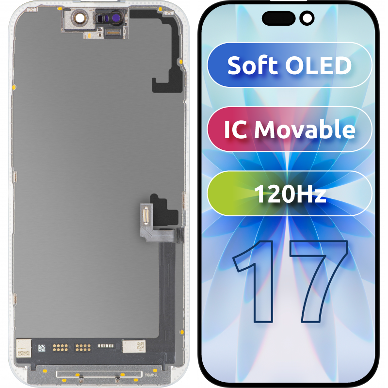 MP Touchscreen Display compatible with Apple iPhone 17, with Frame, Soft OLED FHD 120Hz IC Movable Version, Black