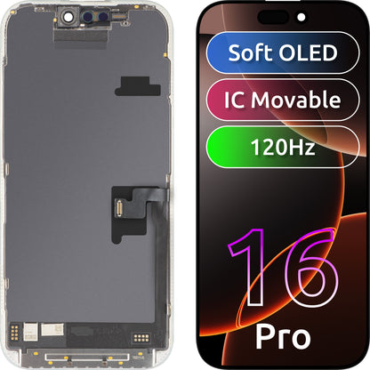 Näyttö MP-kosketusnäytöllä yhteensopiva Apple iPhone 16 Pro:n kanssa, kehyksellä, Soft OLED FHD 120Hz IC Movable, Musta