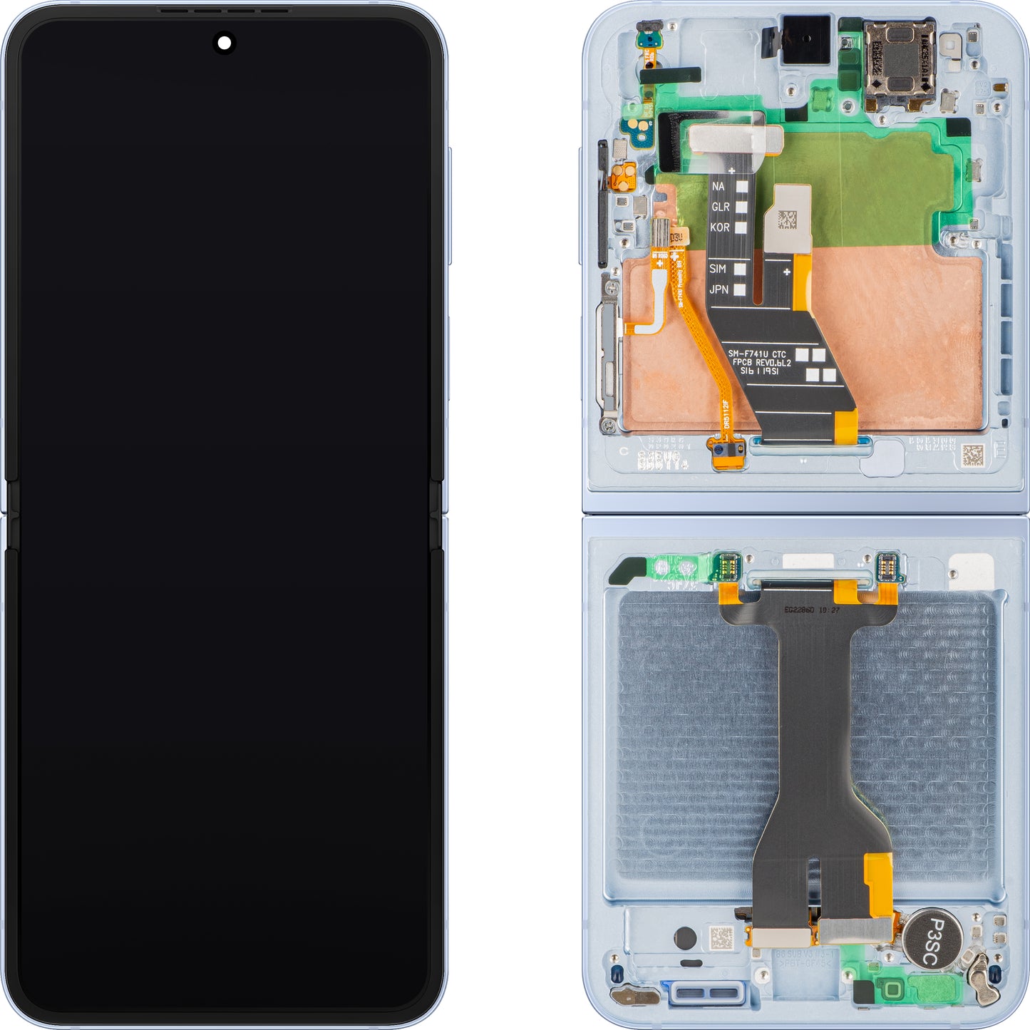 Näyttö kosketusnäytöllä Samsung Galaxy Z Flip6 F741, kehyksellä, sisäpuolella, sininen, huoltopaketti GH82-35014C