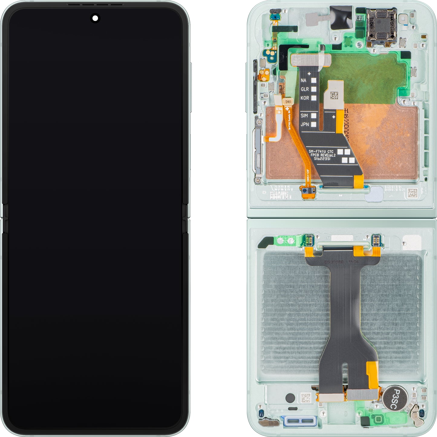 Näyttö kosketusnäytöllä Samsung Galaxy Z Flip6 F741, kehyksellä, sisäpuolella, vihreä (minttu), huoltopaketti GH82-35014D
