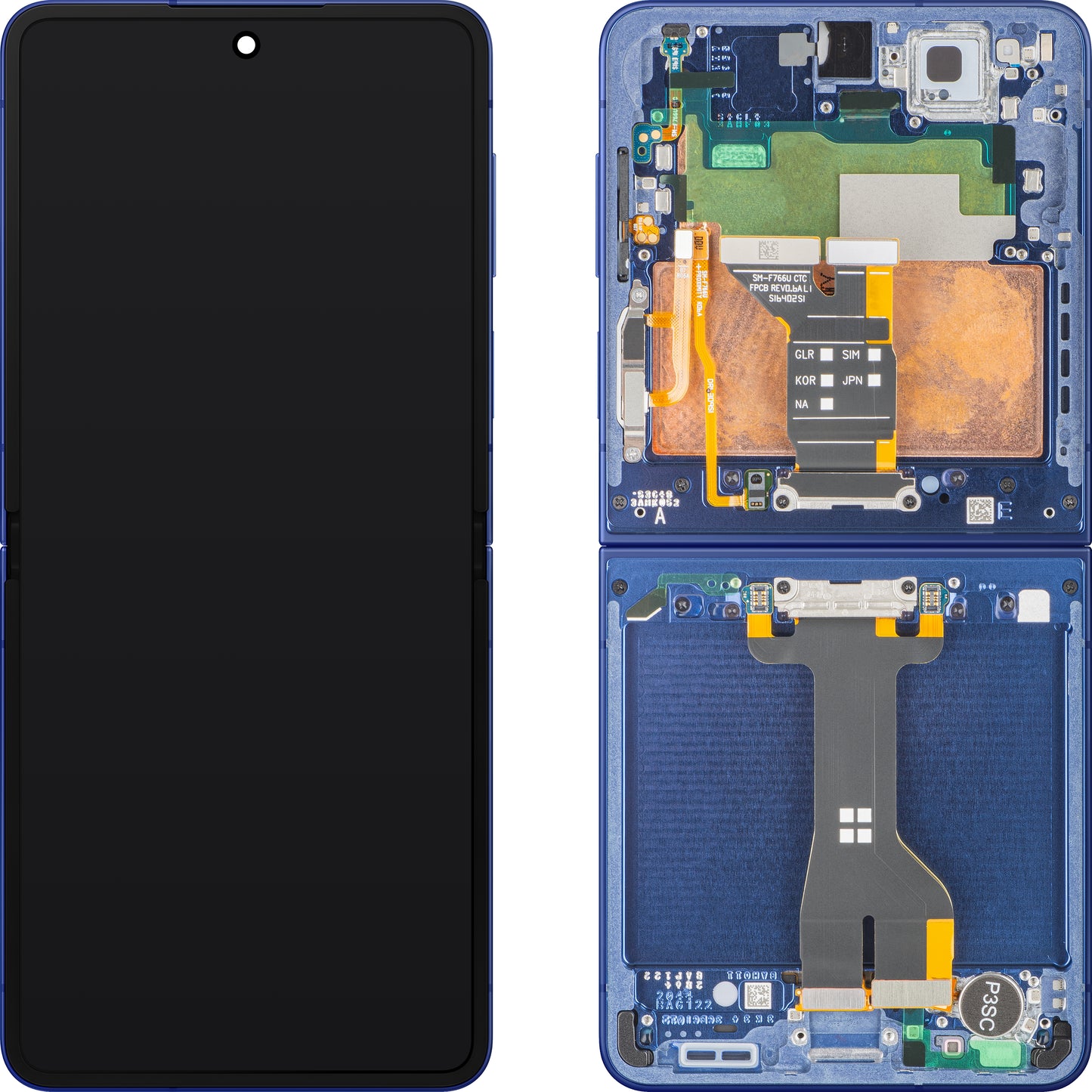Näyttö kosketusnäytöllä Samsung Galaxy Z Flip7 F766, Kehyksellä, Sisäpuolella, Sininen (Blue Shadow), Huoltopaketti GH82-37581A