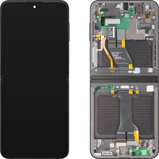 Samsung Galaxy Z Flip5 F731 näyttö kosketusnäytöllä, kehyksellä, sisäosalla, harmaa, huoltopaketti GH82-31827E