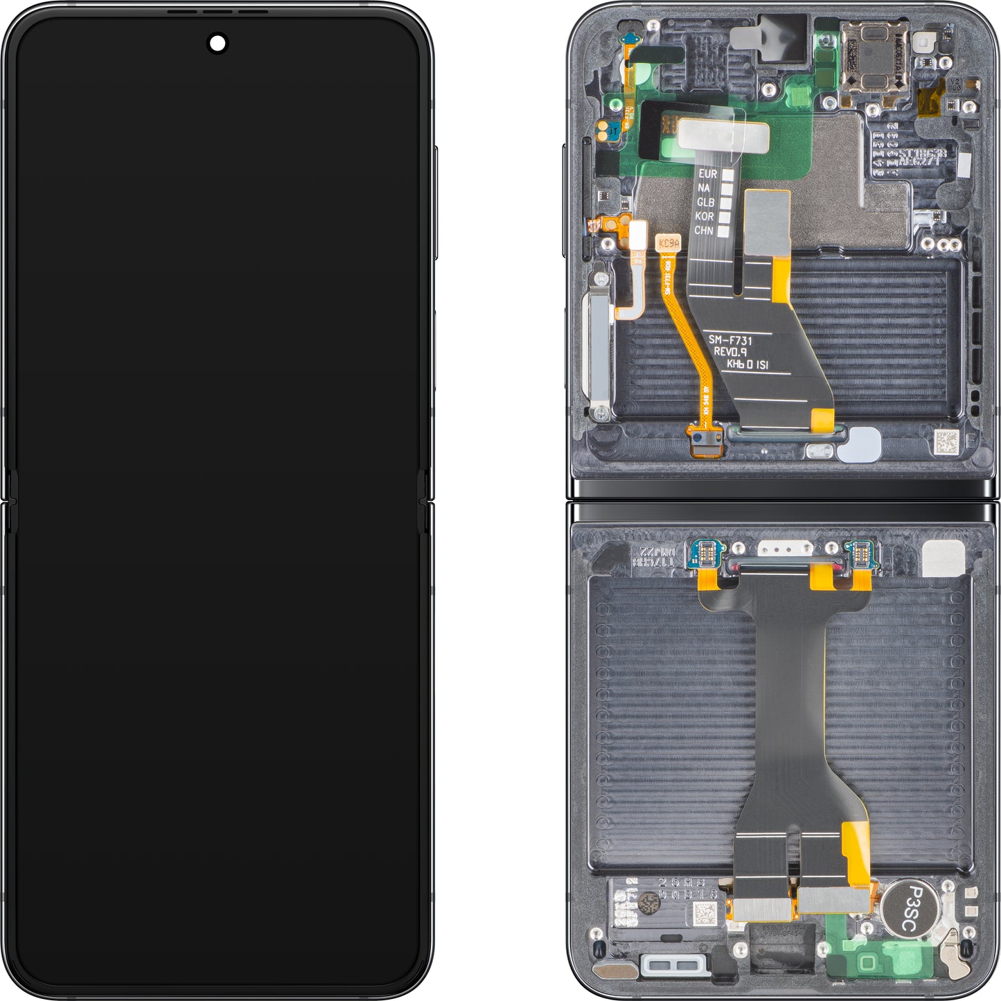 Samsung Galaxy Z Flip5 F731 -näyttö kosketusnäytöllä, kehyksellä, sisäosalla, harmaa (Graphite), huoltopaketti GH82-31827A