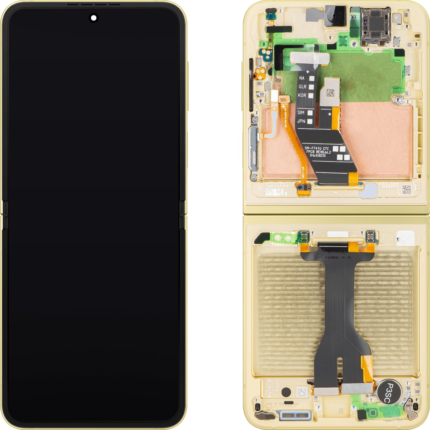Samsung Galaxy Z Flip6 F741 kosketusnäyttö, kehys, sisäosa, keltainen, Service Pack GH82-35014B