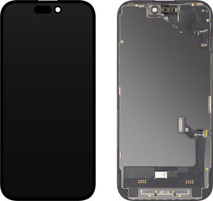 Kosketusnäyttö ja lähisyysanturi MP, yhteensopiva Apple iPhone 15:n kanssa, kehyksellä, OLED FHD -diagnostiikkaversio, musta