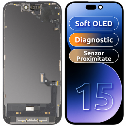 Kosketusnäyttö ja lähisyysanturi MP, yhteensopiva Apple iPhone 15:n kanssa, kehyksellä, OLED FHD -diagnostiikkaversio, musta