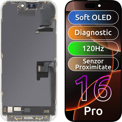 Kosketusnäyttö ja MP-valoetäisyysanturi, yhteensopiva Apple iPhone 16 Pro:n kanssa, kehyksellä, OLED FHD 120Hz diagnostiikkaohjelmistoversio, musta