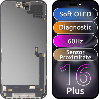 Kosketusnäyttö ja lähisyysanturi MP, yhteensopiva Apple iPhone 16 Plus -mallin kanssa, kehyksellä, OLED FHD -diagnostiikkaversio, musta