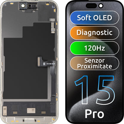 Kosketusnäytöllä ja lähestymisanturilla varustettu MP-näyttö, yhteensopiva Apple iPhone 15 Pron kanssa, kehyksellä, OLED FHD 120Hz Diagnostiikkaversio, musta