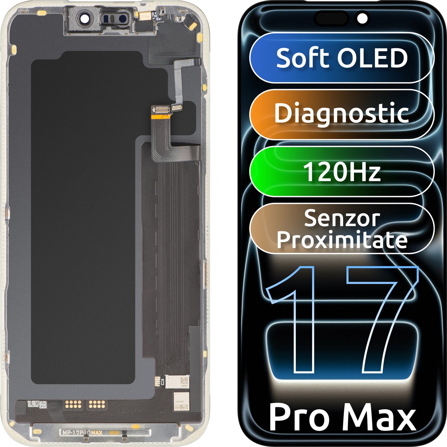 Kosketusnäyttö ja valon läheisyyssensori MP, yhteensopiva Apple iPhone 17 Pro Maxin kanssa, kehyksellä, OLED FHD 120Hz diagnostiikkaohjelmistoversio, musta