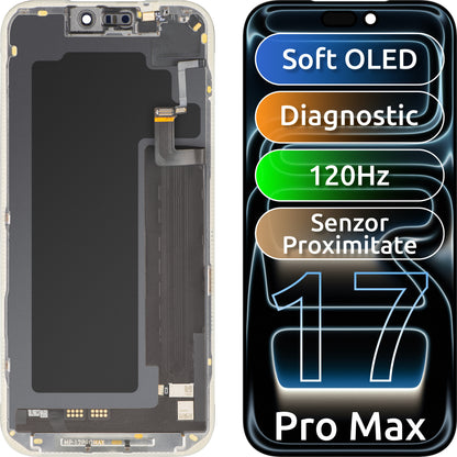Kosketusnäyttö ja valon läheisyyssensori MP, yhteensopiva Apple iPhone 17 Pro Maxin kanssa, kehyksellä, OLED FHD 120Hz diagnostiikkaohjelmistoversio, musta