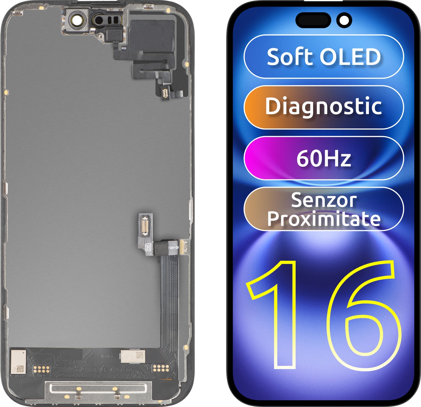 Kosketusnäyttö ja lähisyysanturi MP, yhteensopiva Apple iPhone 16:n kanssa, kehyksellä, OLED FHD -diagnostiikkaversio, musta