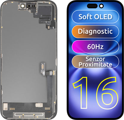 Kosketusnäyttö ja lähisyysanturi MP, yhteensopiva Apple iPhone 16:n kanssa, kehyksellä, OLED FHD -diagnostiikkaversio, musta