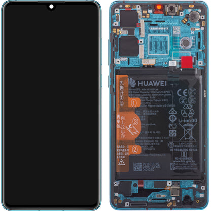 Näyttö kosketusnäytöllä Huawei P30, kehyksellä ja akulla, sininen (Aurora Blue), huoltopaketti 02354HRH