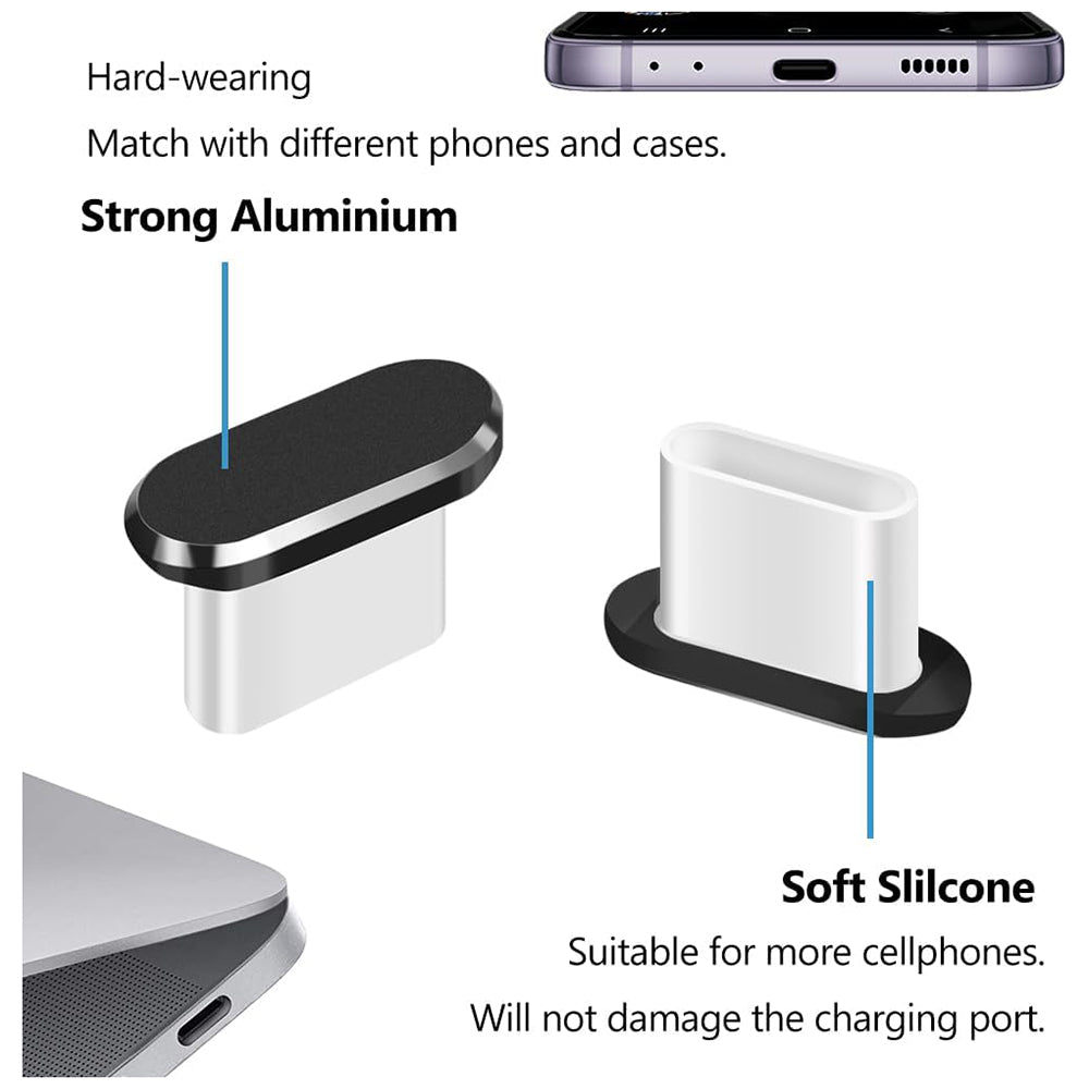 Techsuit AD1 puhdistussuojatulppa puhelinporttiin, USB-C, 4 kappaleen setti, musta