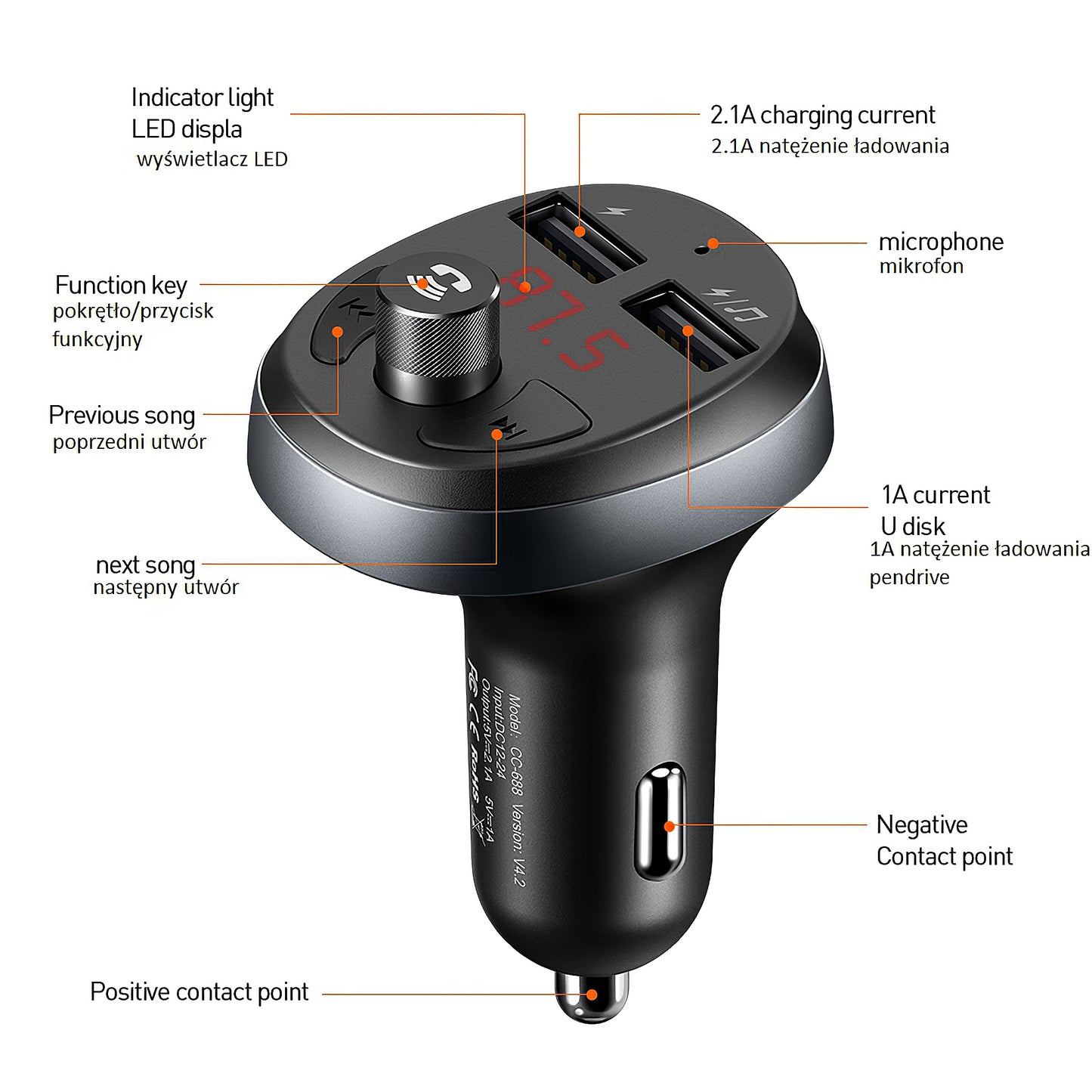 McDodo Bluetooth FM-modulaattori, 2 x USB-A