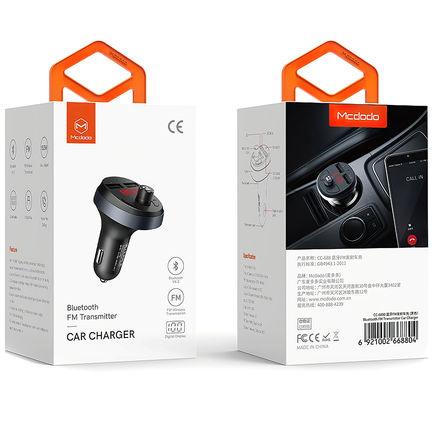 McDodo Bluetooth FM-modulaattori, 2 x USB-A