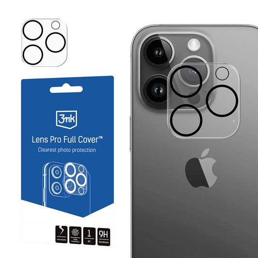 3MK Pro Full Cover takakameran suojakalvo Apple iPhone 14 Prolle, karkaistu lasi, läpinäkyvä