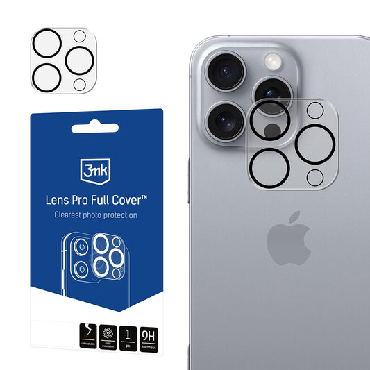 3MK Pro Full Cover takakameran suojakalvo Apple iPhone 16 Pro Max / 16 Pro -malleihin, karkaistu lasi, musta