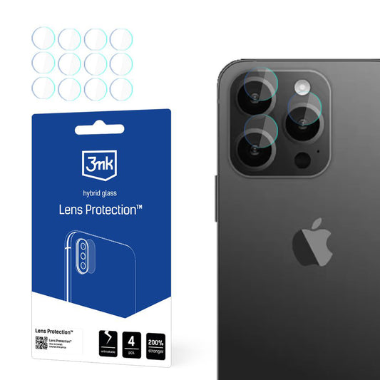 3MK Protection takakameran suojakalvo Apple iPhone 15 Pro Maxille, joustava lasi, 4 kappaleen setti, läpinäkyvä