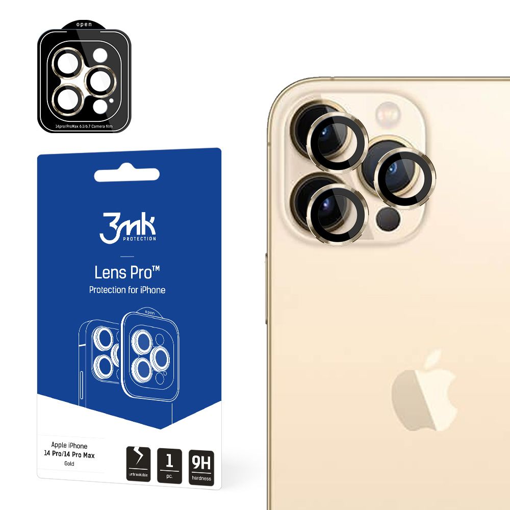 3MK Protection Pro takakameran suojakalvo Apple iPhone 14 Pro Max / 14 Pro -puhelimille, karkaistu lasi, kultainen