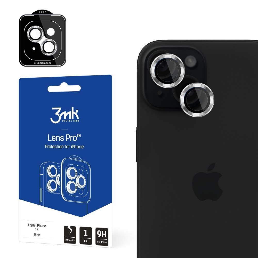 3MK Protection Pro takakameran suojakalvo Apple iPhone 15:lle, karkaistu lasi, hopea