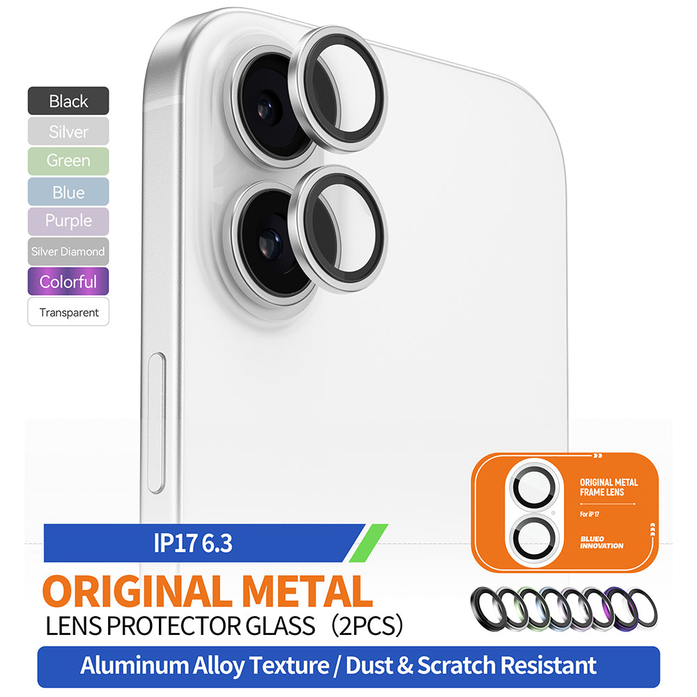 Blueo Metal Frame -takakameran suojakalvo Apple iPhone 17:lle, karkaistu lasi, hopeanvärinen