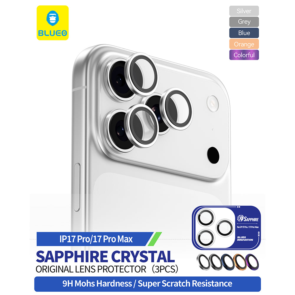 Blueo Sapphire Crystal -takakameran suojakalvo Apple iPhone 17 Pro Max / 17 Pro, karkaistu lasi, hopeanvärinen