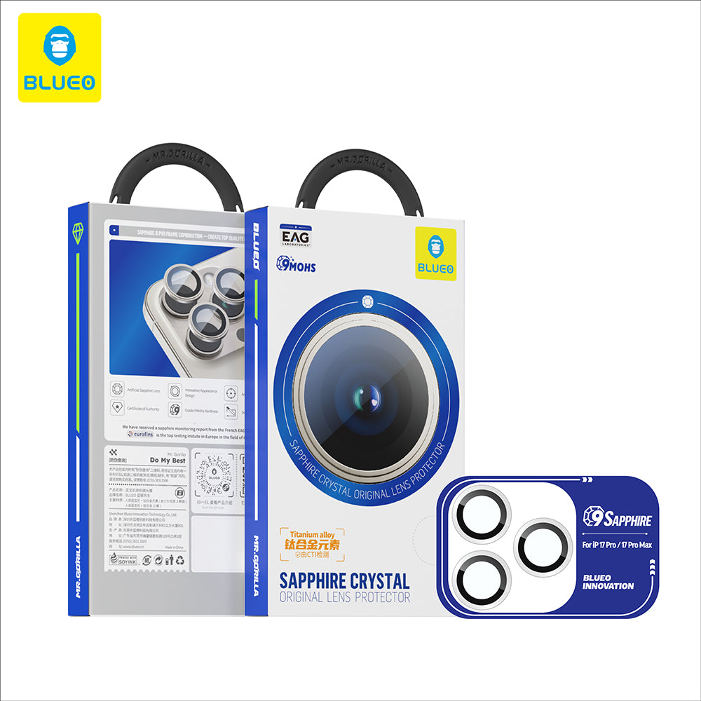 Blueo Sapphire Crystal -takakameran suojakalvo Apple iPhone 17 Pro Max / 17 Pro, karkaistu lasi, hopeanvärinen