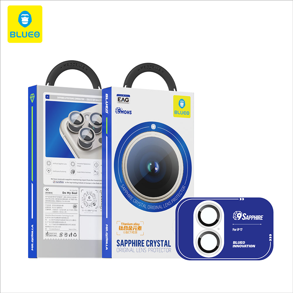 Takakameran suojakalvo Blueo Sapphire Crystal Apple iPhone 17:lle, Karkaistu lasi, Hopea